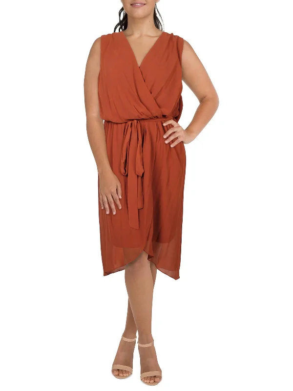 Plus Womens Chiffon Faux Wrap Midi Dress