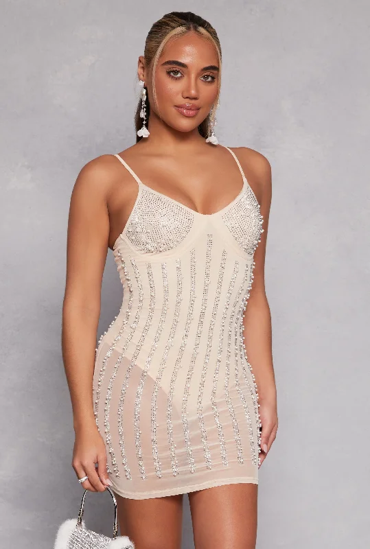 Mesh Rhinestone Faux Pearl Bustier Dress