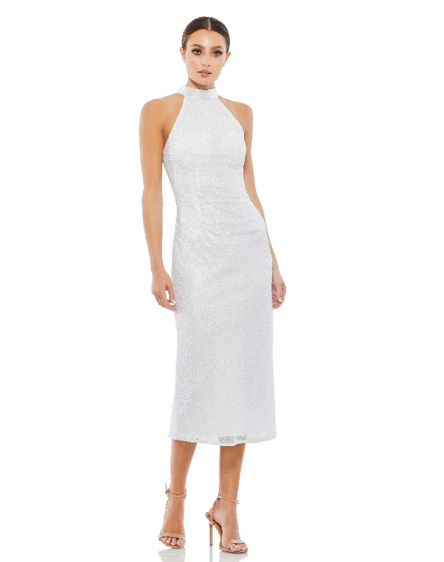 White Hand Embellished Halter Neck Midi Sheath Dress