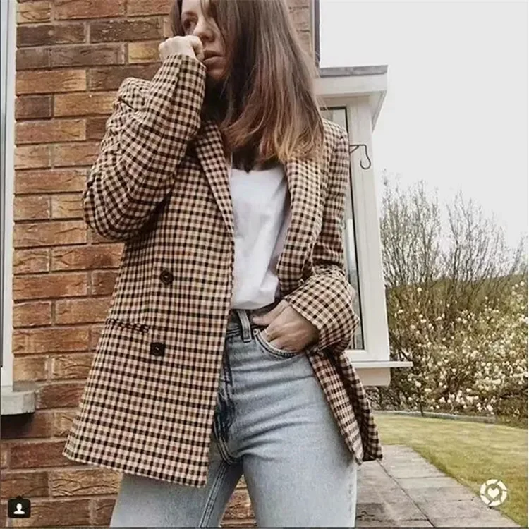 Women Retro Casual Single-Breasted Long Sleeve Plaid Blazer Coat