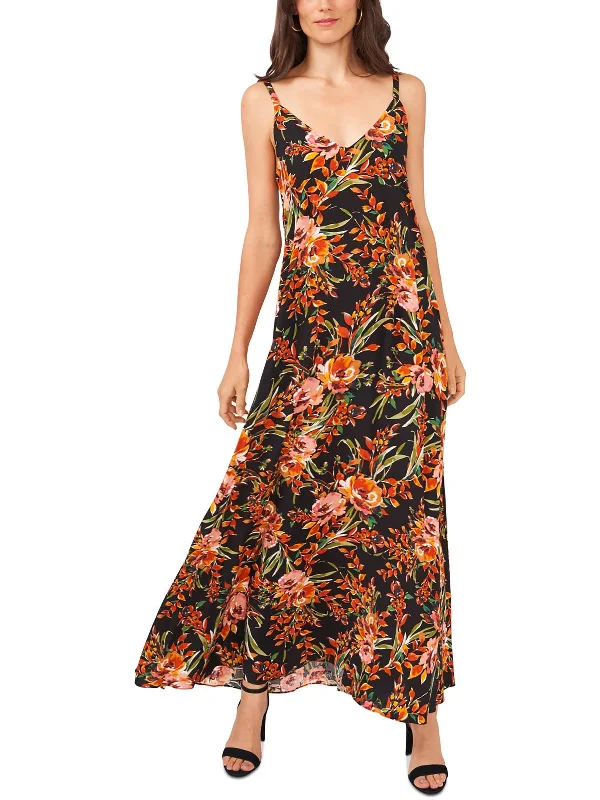 Petites Womens Floral Print Rayon Maxi Dress