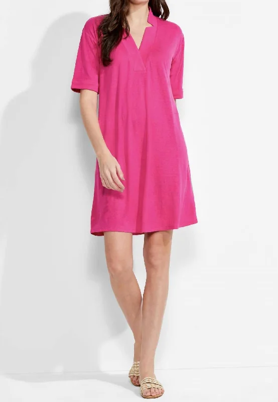 Short Sleeve Notched V Dress In Pink