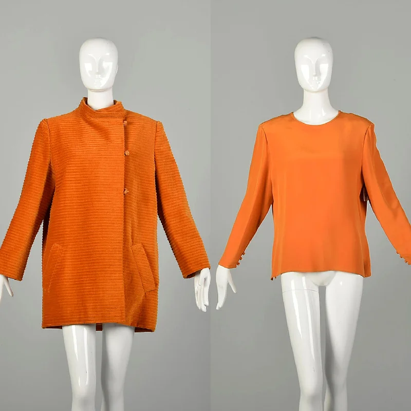 XL 1980s Bill Blass Pumpkin Autumn Set Cozy Wide Wale Corduroy Jacket Slinky Blouse