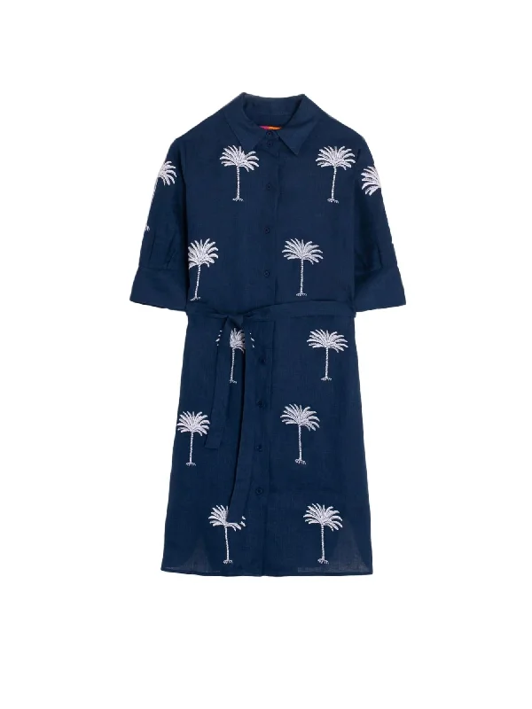 Hester Embroidered Dress In Navy Linen