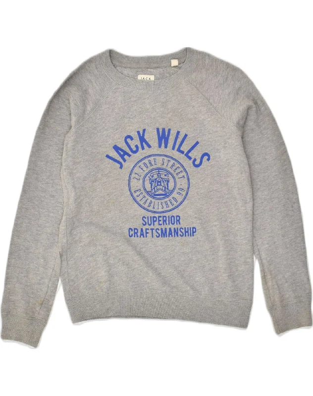 JACK WILLS Womens Graphic Sweatshirt Jumper UK 8 Small  Grey Cotton