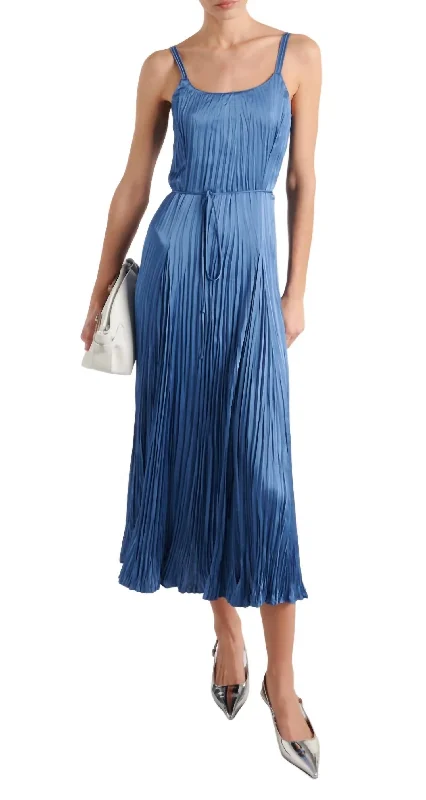 Pleated Midi Dress In Cadet Blue