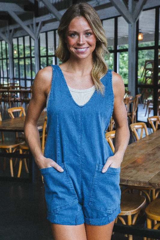 Azalea Washed Denim Romper, Blackberry