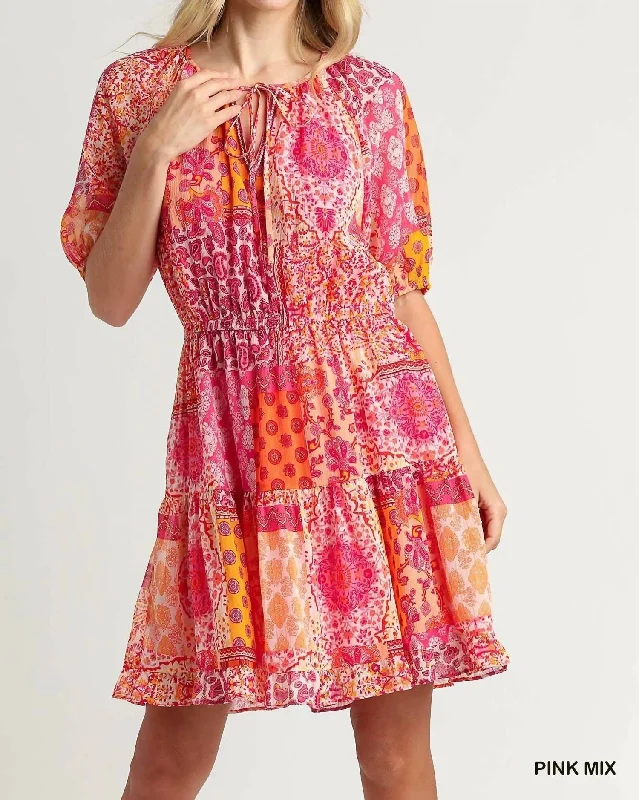 Metallic Print Short Puff Sleeve Dress In Pink Mix