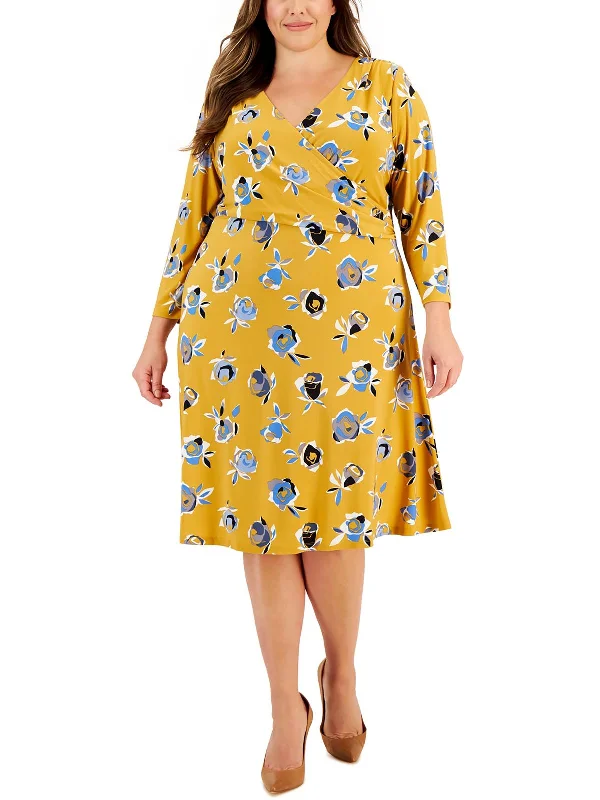 Plus Womens Floral Print Polyester Fit & Flare Dress