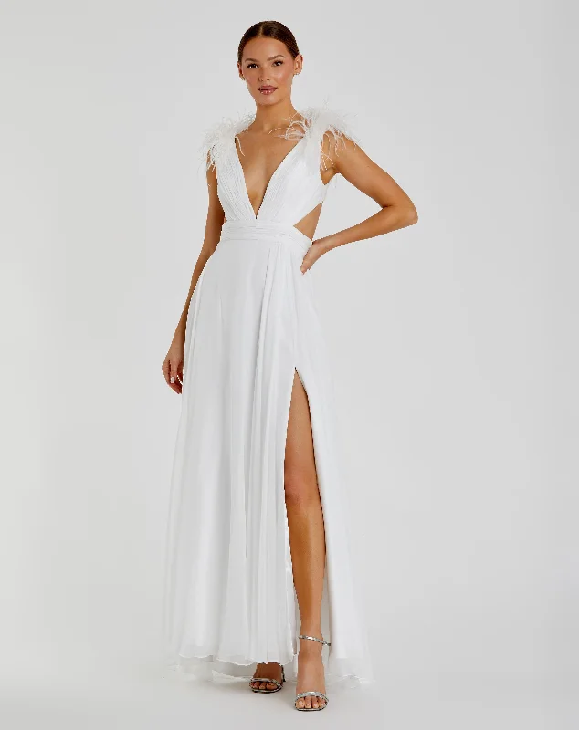 White Plunge Ostrich Feather A Line Gown