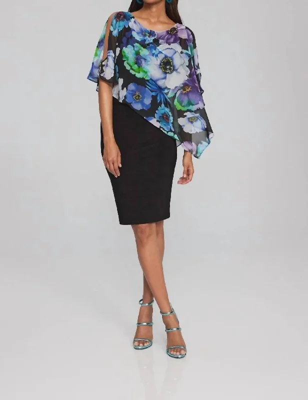 Floral Print Chiffon And Silky Knit Dress In Black Multi