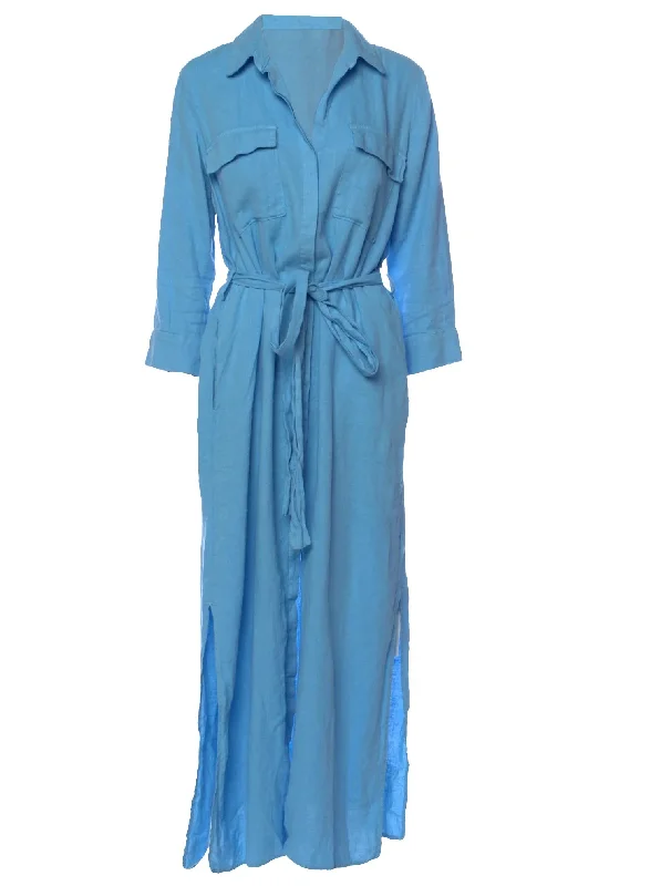 L'Agence Women's Cameron Linen Blend Shirt Midi Dress, Blue Mist