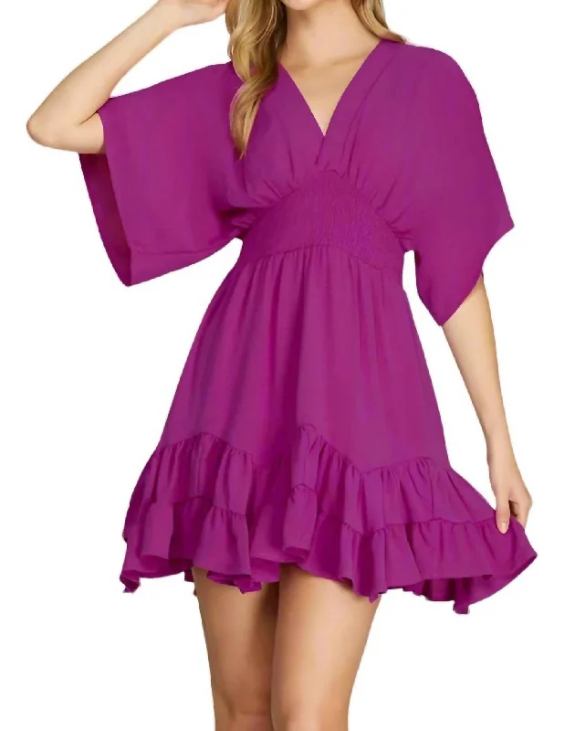 Kassi Kimono Sleeve Tiered Dress In Magenta