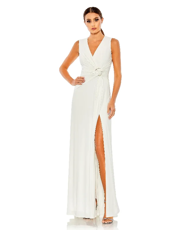 White Draped Side Knot Jersey Gown w/ Rhinestone Ring