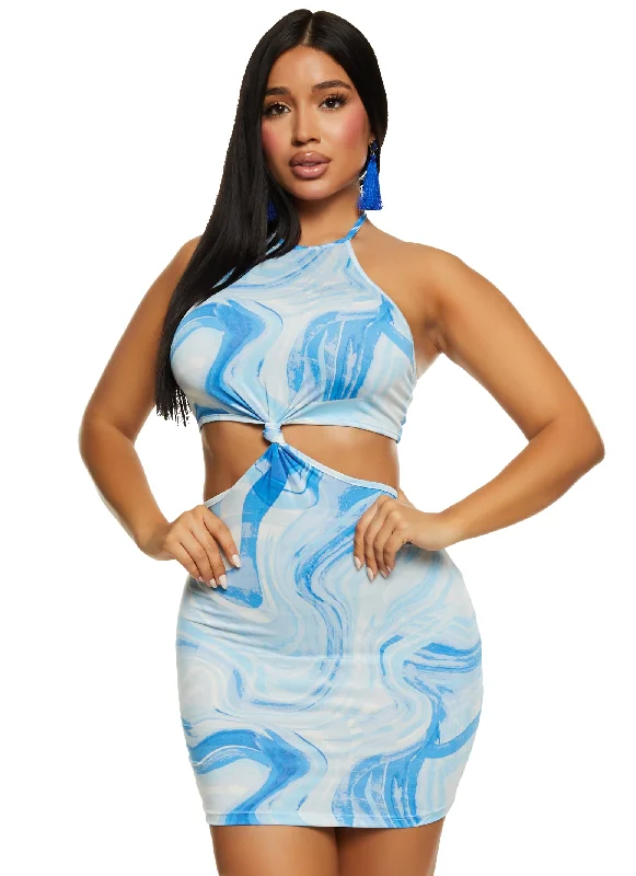 Printed Knot Front Cut Out Halter Dress