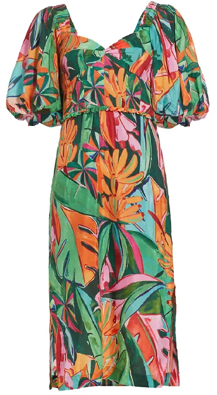 FARM Rio Women's Banana Foliage Multicolor Puffed Sleeve Midi Dress