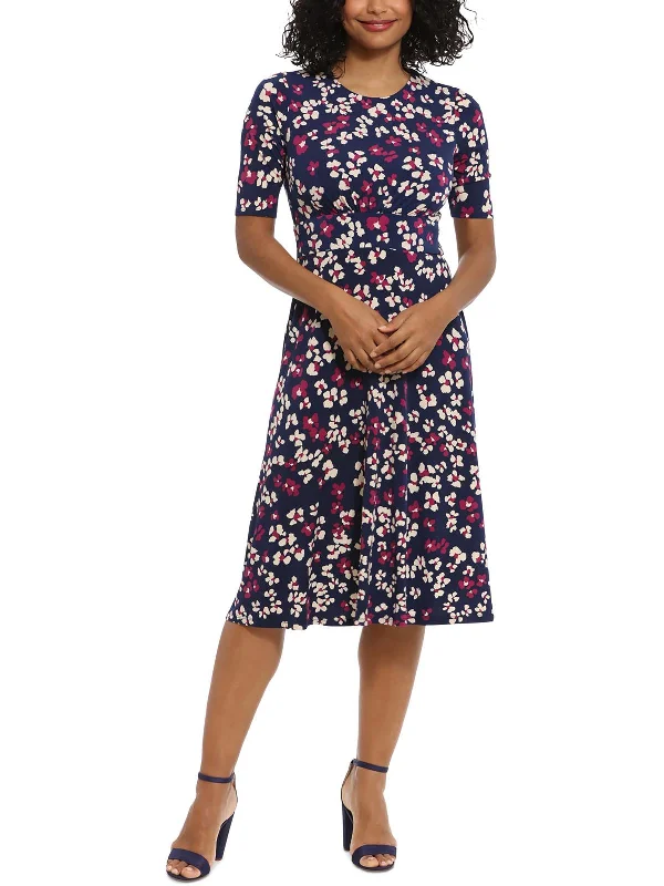 Petites Womens Scoop Neck Floral Wear To Work Dress