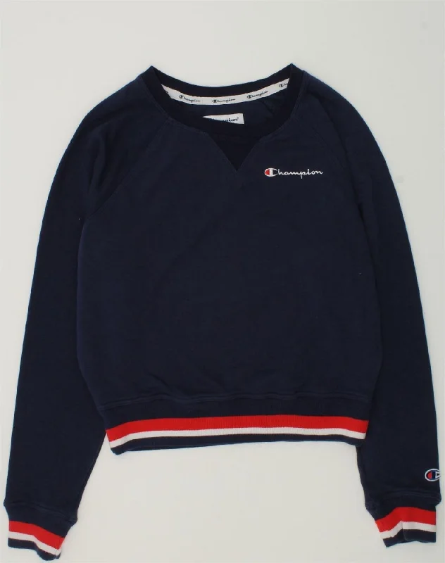 CHAMPION Womens Crop Sweatshirt Jumper UK 10 Small Navy Blue Cotton