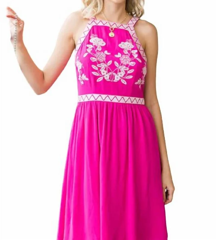 Embroidered Sundress In Hot Pink