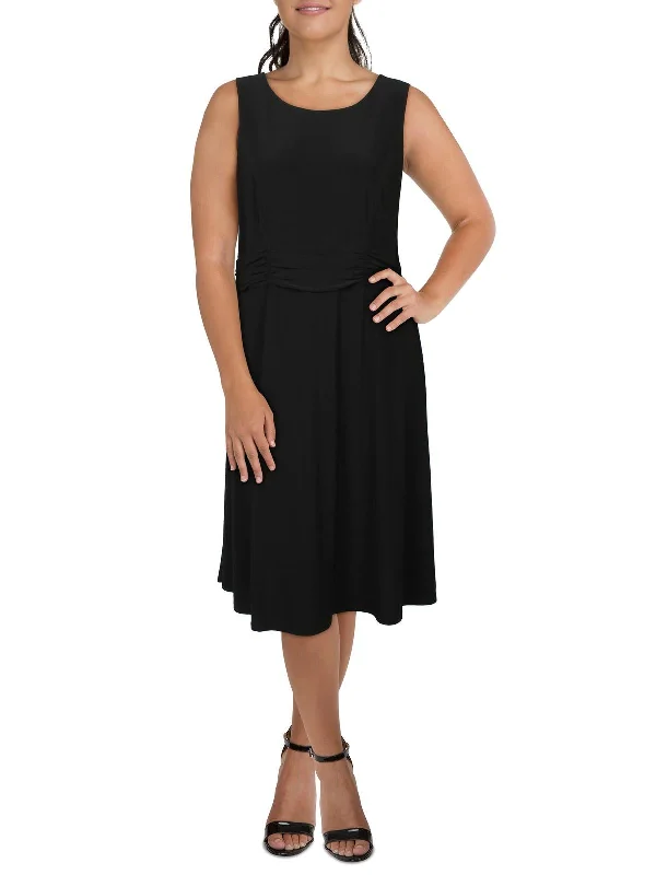 Plus Womens Sleeveless Ruched Midi Dress