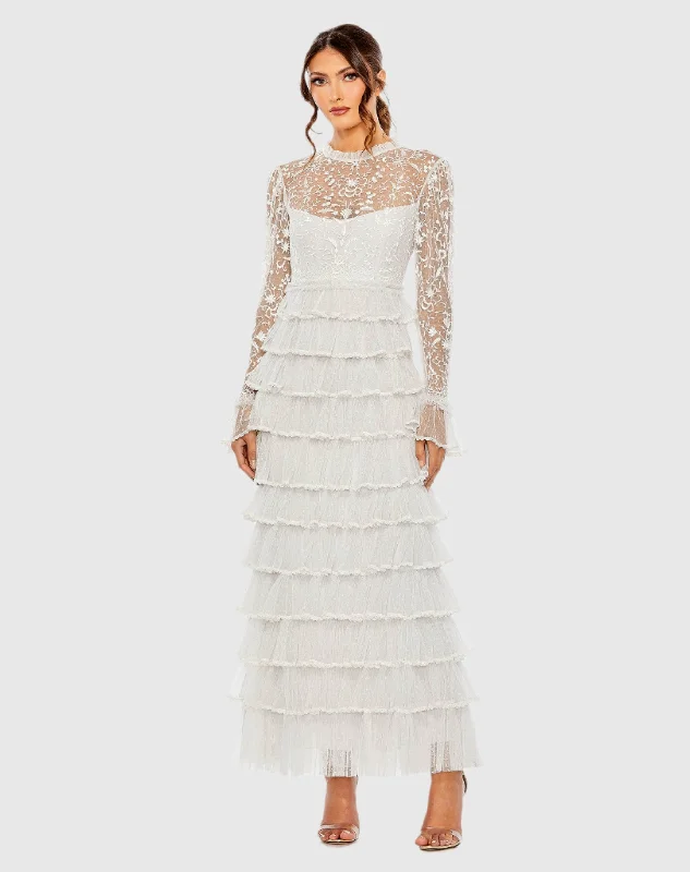 White Embroidered Long Sleeve Ruffled Tiered Dress