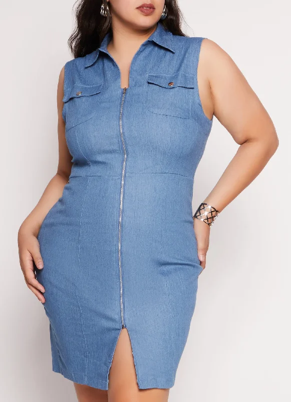 Plus Size Zip Front Denim Shirt Dress