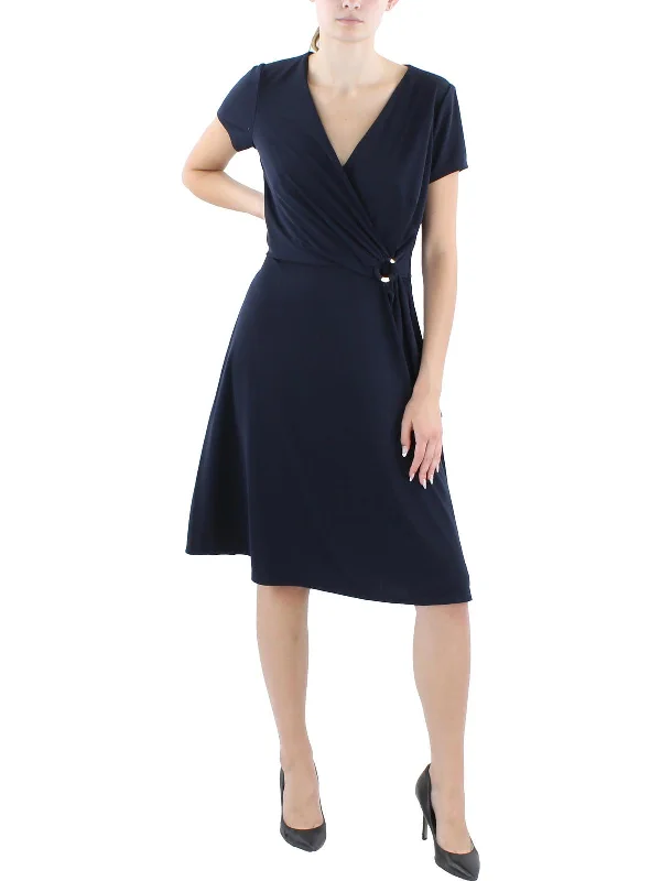 Womens Knee Length Embelished Wrap Dress