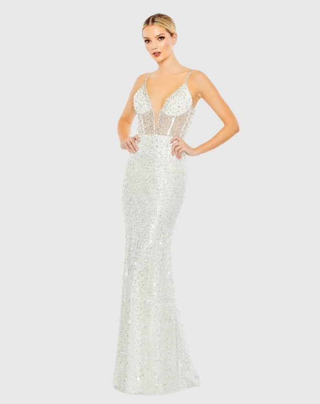 White Embellished Plunge Neck Sleeveless Trumpet Gown