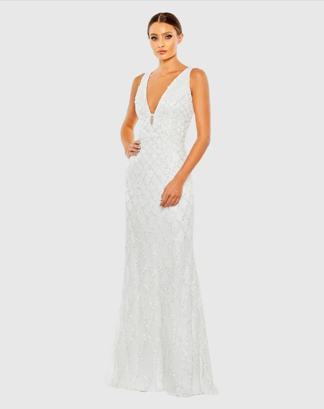 White Sequined Plunge Neck Sleeveless Column Gown