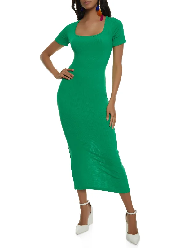 Ribbed Knit Square Neck Maxi Dress