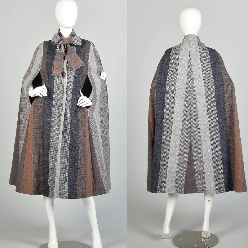 OSFM 1970s Tweed Color Block Cape Attached Scarf Wool Stripe Multi Color Wrap