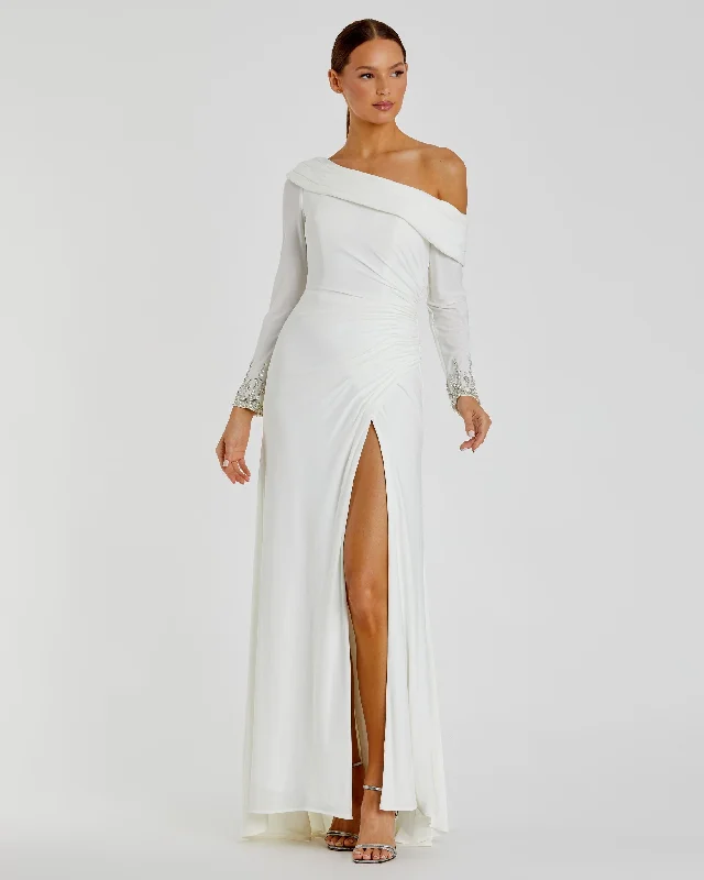 White Beaded Cuff Drop Shoulder Faux Wrap Gown