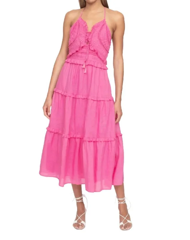 Cole Smocked Ramie Halter Neck Dress In Pink