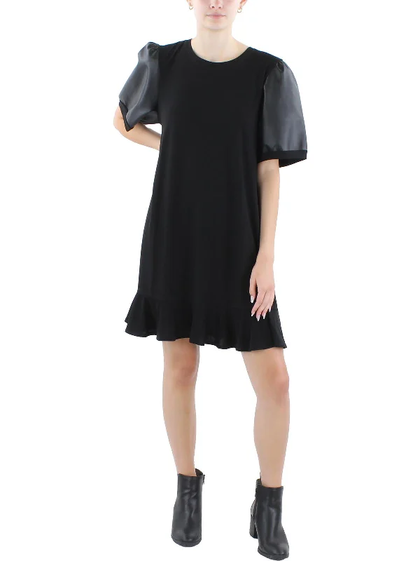 Womens Faux Leather Trim Mini T-Shirt Dress