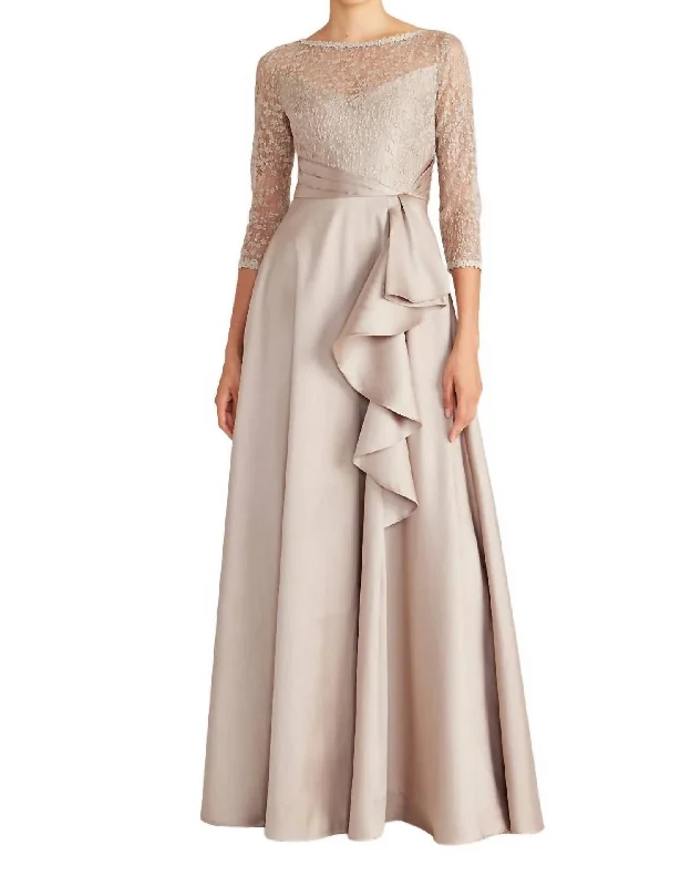 Zola Bateau Mikado Lace Gown In Clay