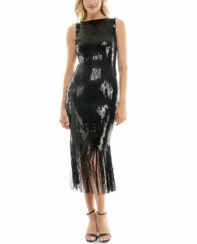 Scarlett Sequin Fringed Sheath Dress In Very Black