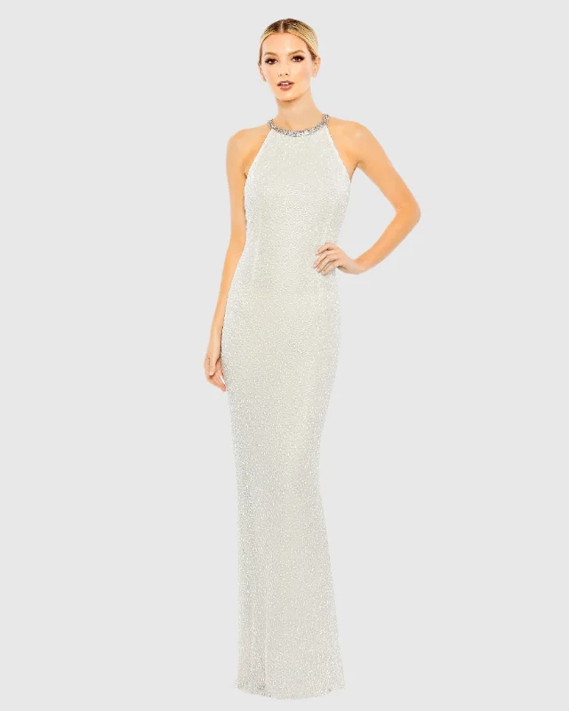 White Beaded Sleeveless High Neck Column Gown