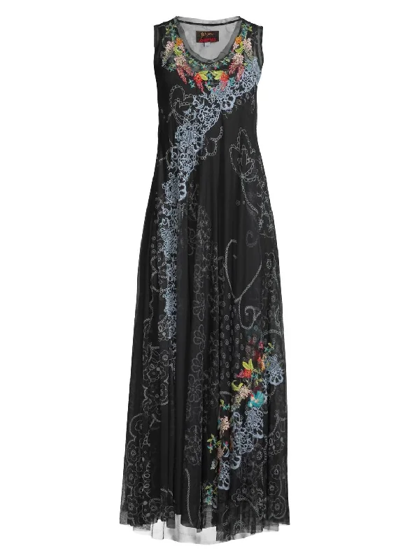 Swing Lace Embroidered Mesh Maxi Dress In Black