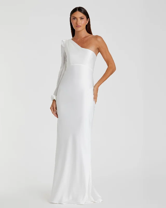 White One Shoulder Blouson Sleeve Gown