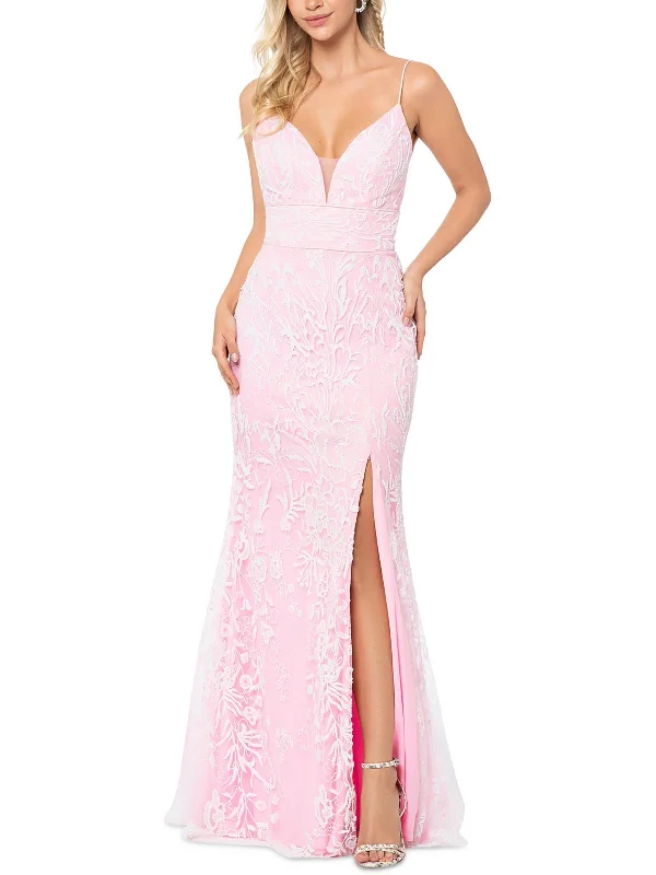 Womens Mesh Embellished Evening Dress