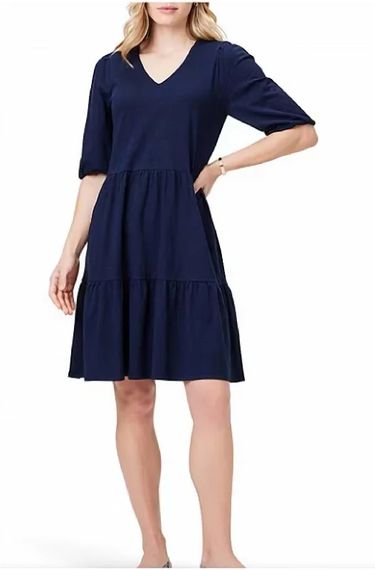 V Neck Elbow Sleeve Tiered Dress In Dark Indigo