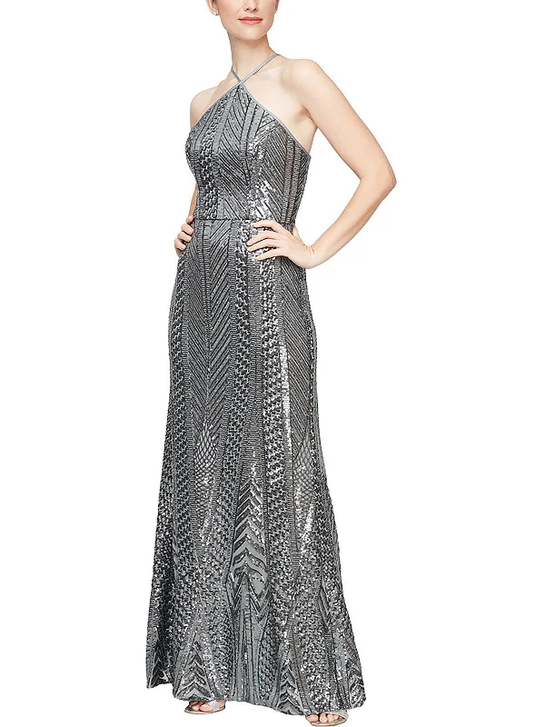 Womens Sequined Halter Evening Dress