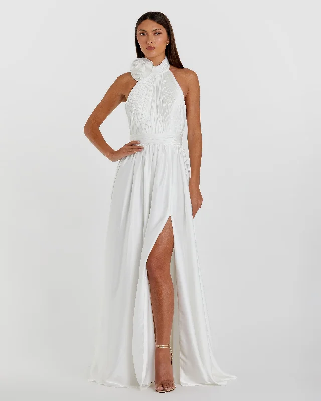 White Soft Tie Halter Neck High Slit Gown